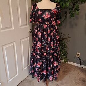 Black Rose Square Neck Puff Sleeve Midi